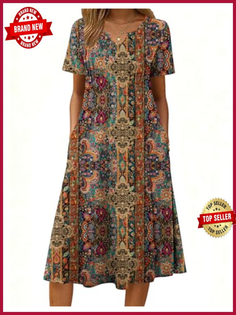 Women's Casual Midi Dress with Pockets Flowy Pleated Short Sleeve Summer